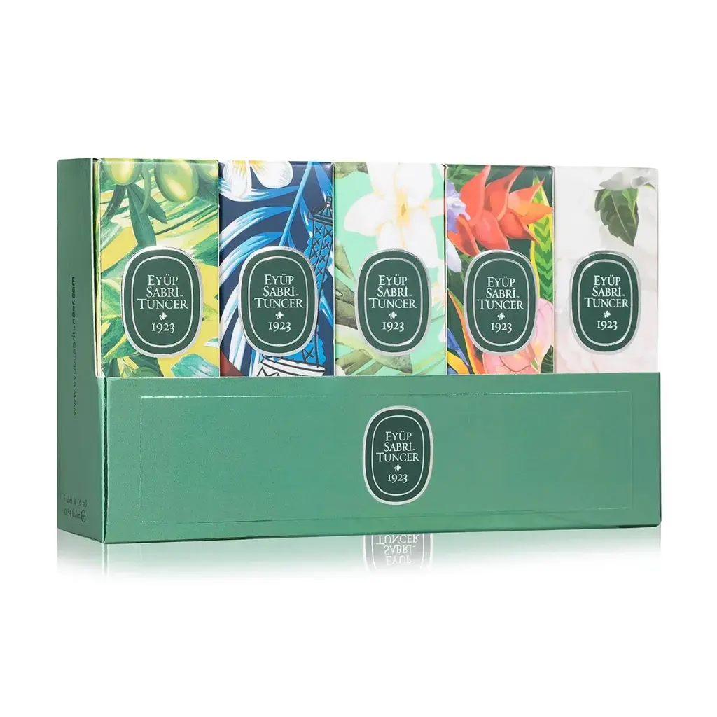 Eyüp Sabri Tuncer Kolonya 16 ml 5'li Set No 3 Ayvalık Zeytin Çiçeği Yağmur Ormanları Yasemin Paris Geceleri ve Gardenya cam şişe kolonya seti