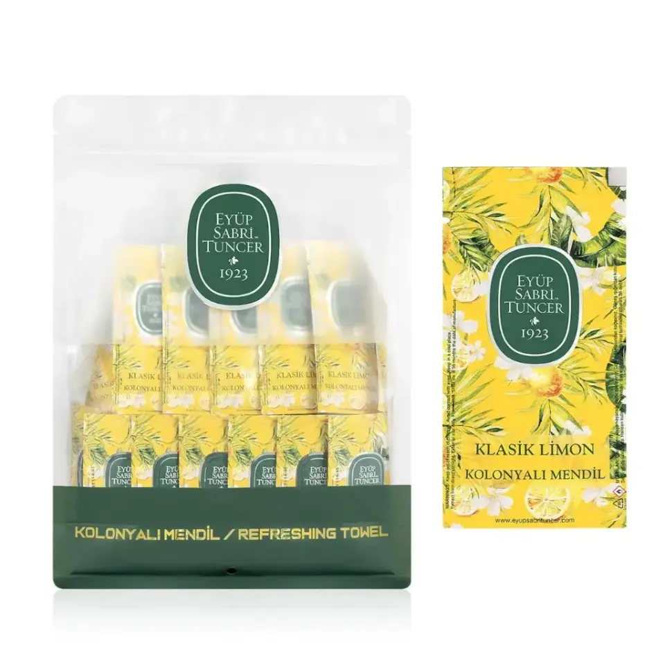 Eyüp Sabri Tuncer Limon Kolonyalı Mendil 150'li paket ferah limon kokulu tek kullanımlık kolonyalı mendil