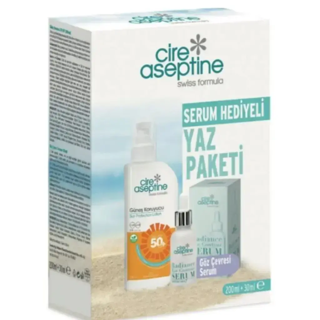 Cire Aseptine Güneş Koruyucu SPF 50 200 ml ve Göz Çevresi Serum 30 ml kutulu bakım seti