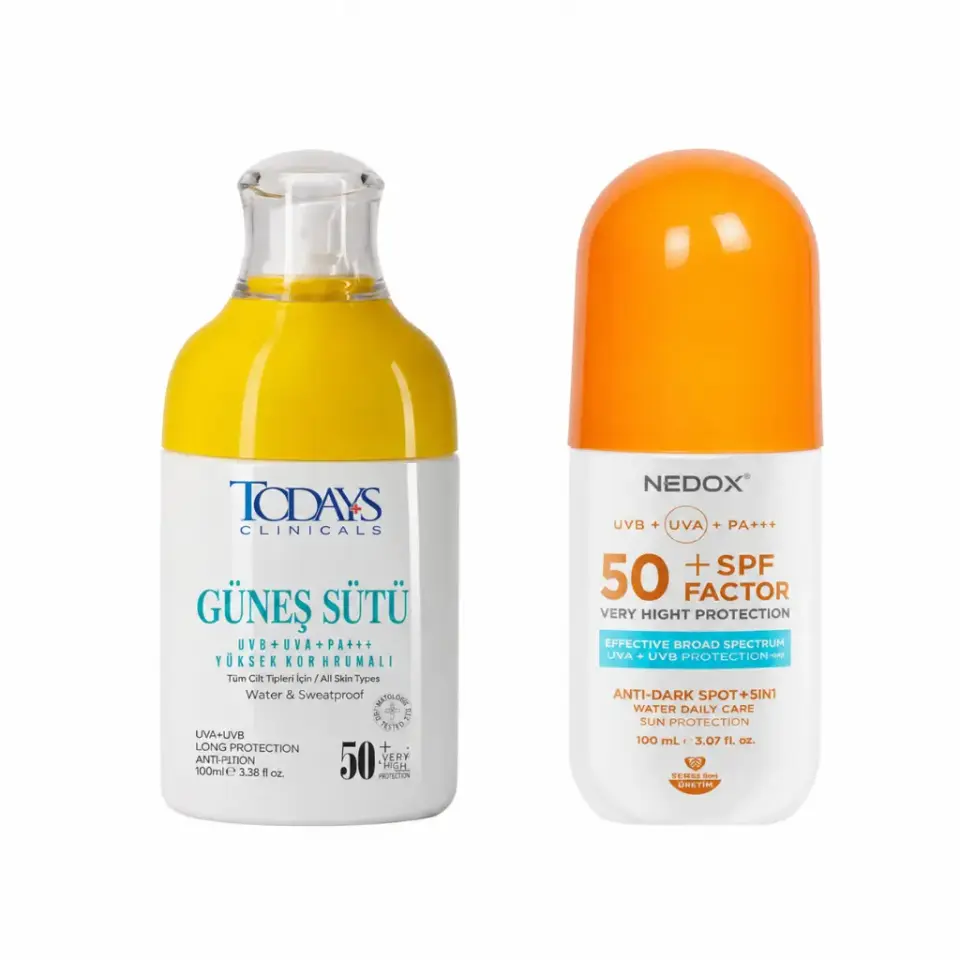 Todays Clinicals Güneş Sütü SPF 50+ ve Nedox Leke Karşıtı SPF 50 Güneş Kremi 100 ml ikili güneş bakım seti