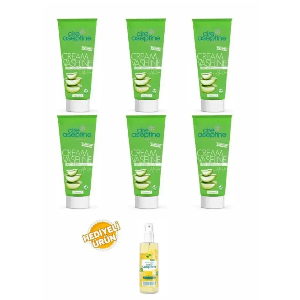 Cire Aseptine Aloe Vera Vazelin Tüp 75 ml 6 adet ve 100 ml sprey limon kolonyası hediyeli avantaj paketi