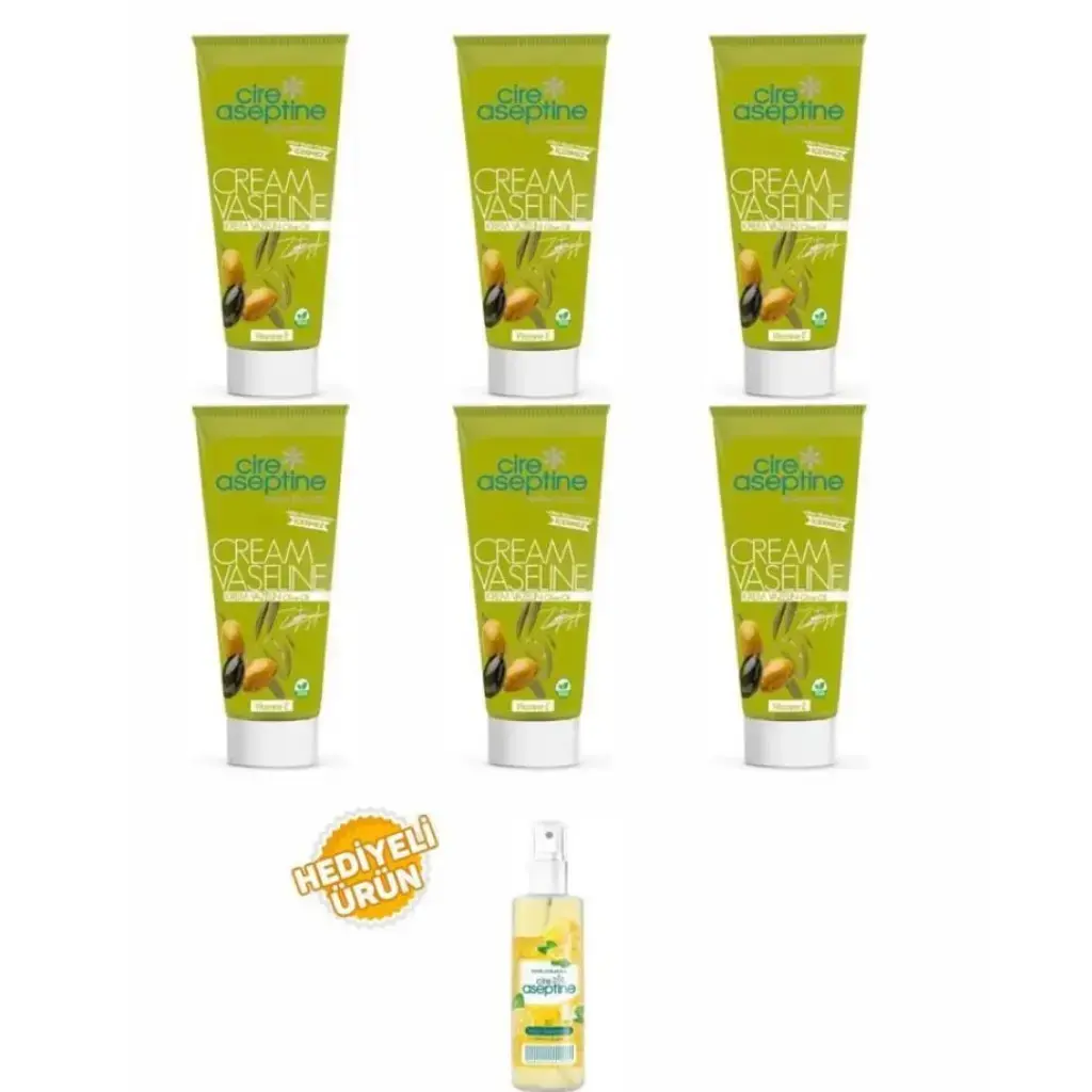 Cire Aseptine Zeytinyağlı Vazelin Tüp 75 ml 6 adet ve 100 ml sprey limon kolonyası hediyeli avantaj paketi