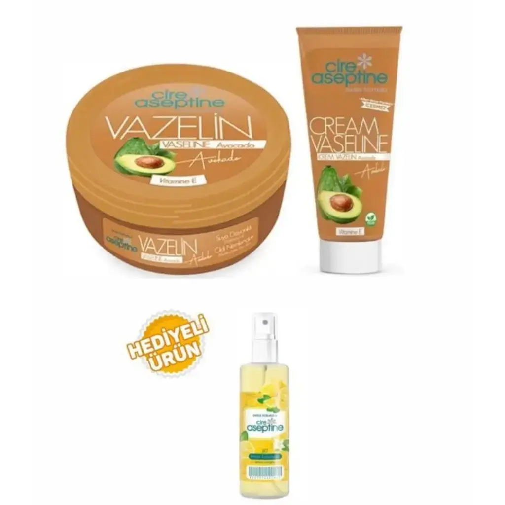 Cire Aseptine Avokado Vazelin 150 ml kavanoz ve 75 ml tüp vazelin seti 100 ml sprey limon kolonyası hediyeli