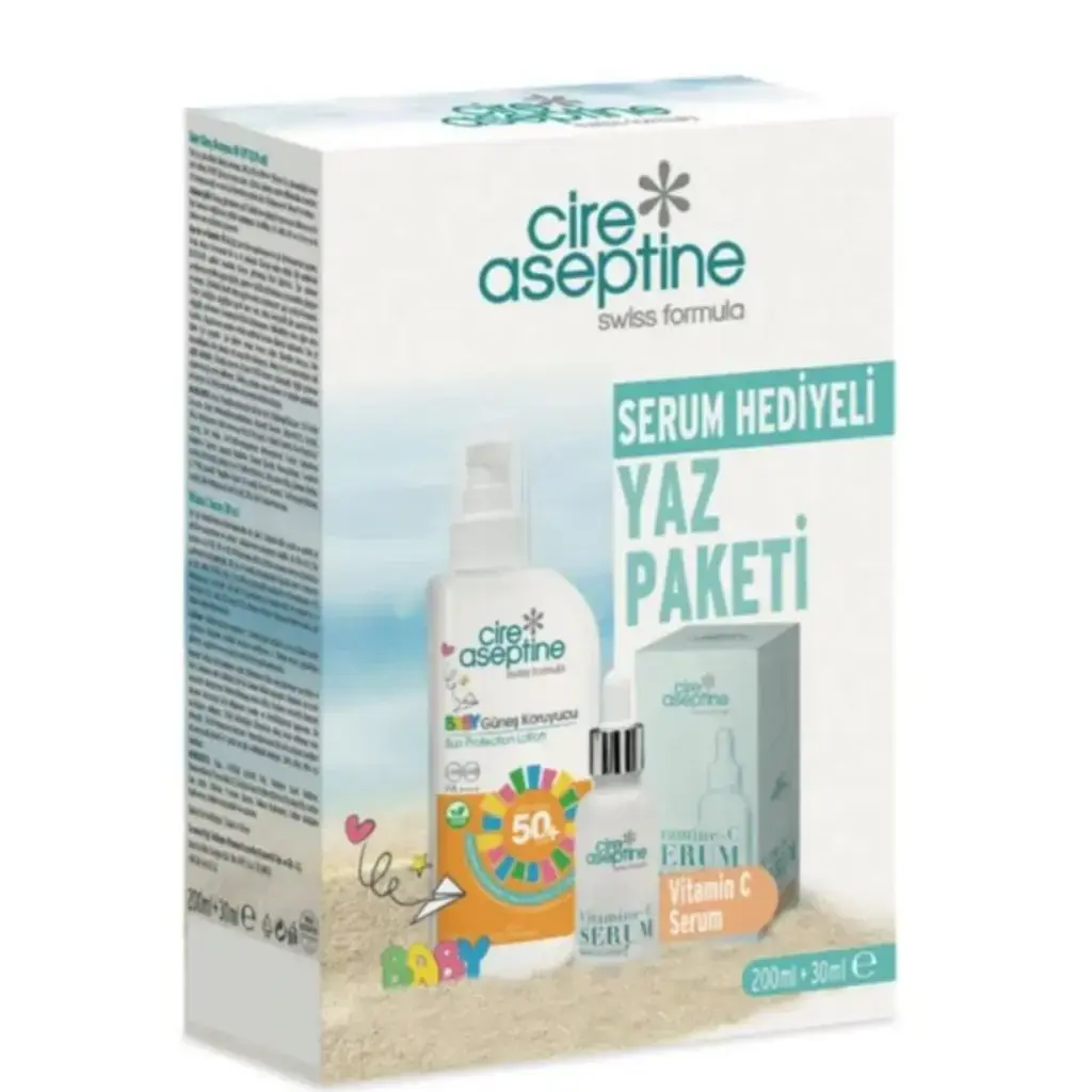 Cire Aseptine Baby Güneş Koruyucu SPF 50 200 ml ve Vitamin C Serum 30 ml kutulu bakım seti