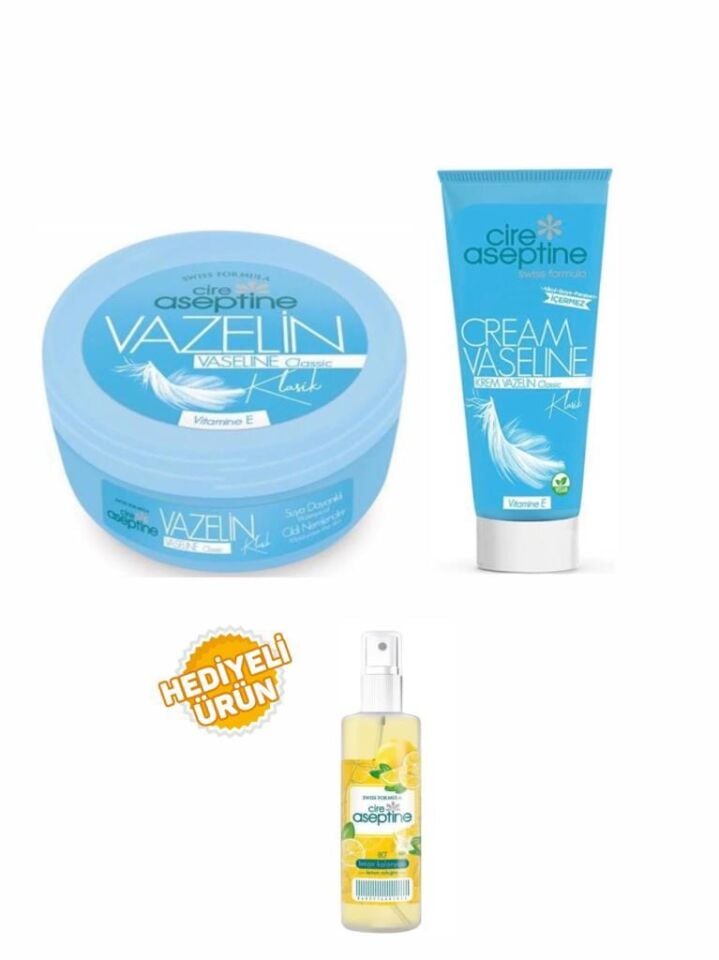 Cire Aseptine Klasik Vazelin Kavanoz 150Ml+Klasik Tüp 75 Ml+Limon Kolonyası 100 ml Sprey Hediyeli