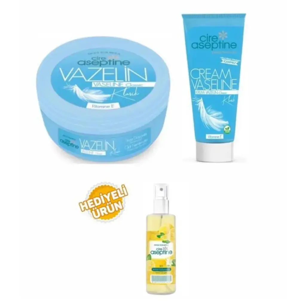 Cire Aseptine Klasik Vazelin 150 ml kavanoz ve 75 ml tüp vazelin seti 100 ml limon kolonyası hediyeli