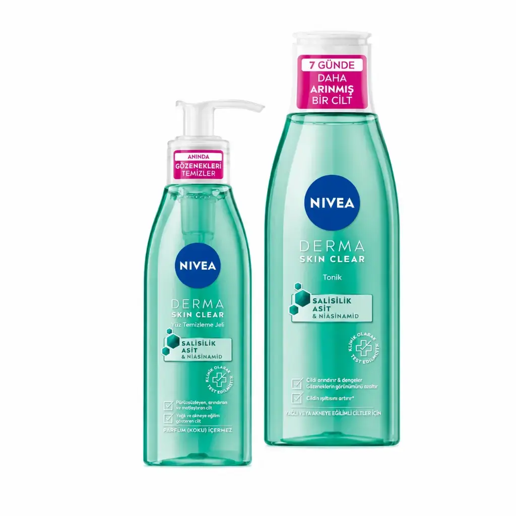 Nivea Derma Skin Clear Sivilce Karşıtı Yüz Temizleme Jeli 150 ml ve Tonik 200 ml salisilik asit niasinamid ve deniz tuzu içeren ikili cilt bakım seti