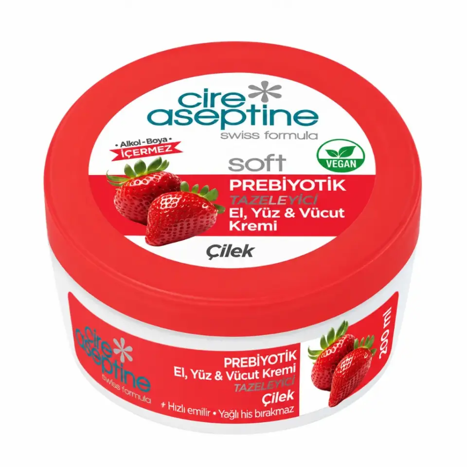 Cire Aseptine Soft Çilek Özlü Nemlendiricili Prebiyotik Krem 200 ml E vitamini içeren el yüz ve vücut bakım kremi