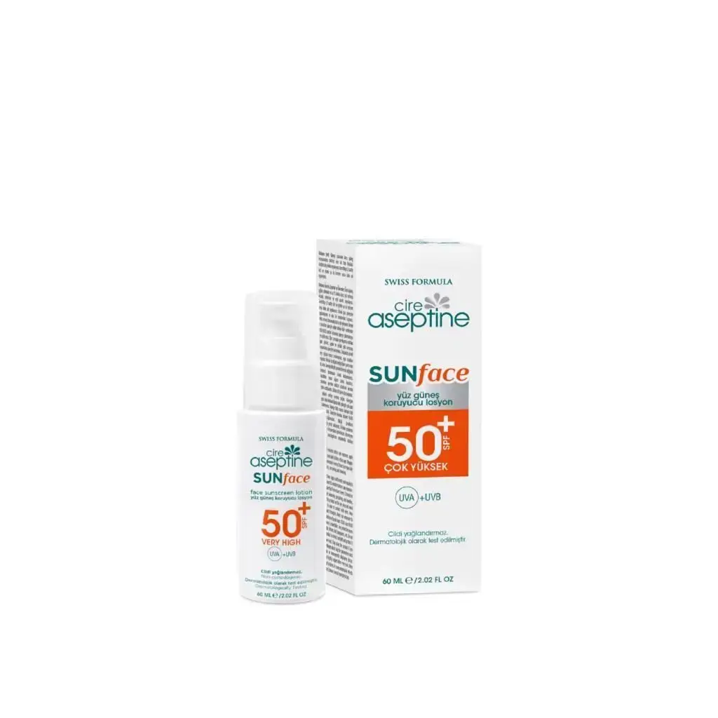 Cire Aseptine Yüz Koruyucu Güneş Losyonu SPF 50+ 60 ml aloe vera ve shea butter içeren yüksek korumalı yüz güneş losyonu