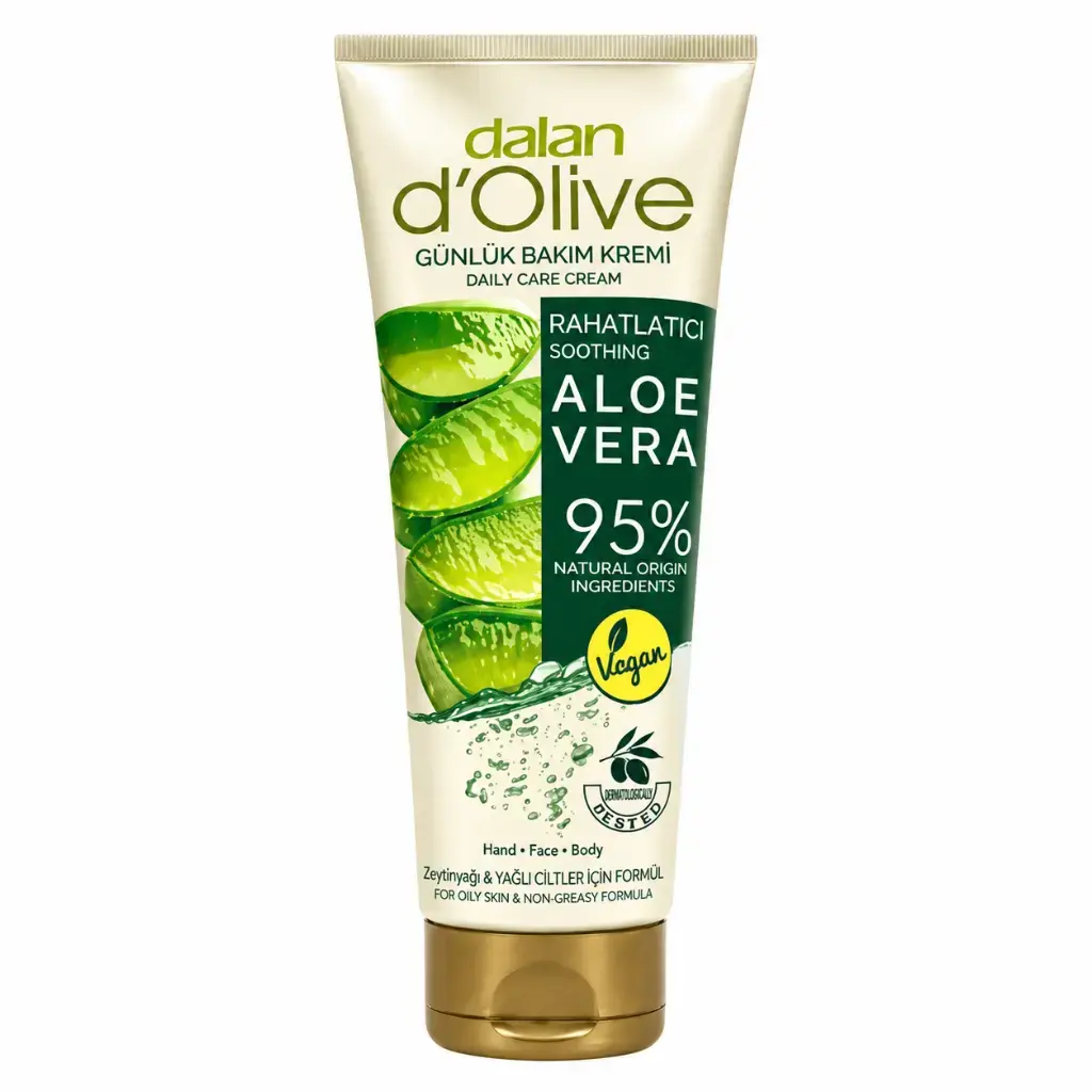 Dalan D'Olive Organik Aloe Vera Günlük Bakım Kremi 250 ml tüp doğal zeytinyağlı vegan el yüz ve vücut nemlendirici krem