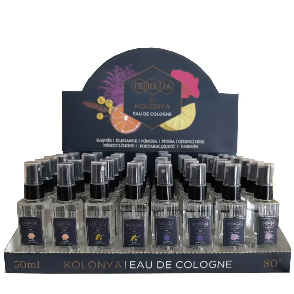 Pereja 50 ml 48 adet standlı Kaşmir Pudra Elegans Mimoza kolonya çeşitleri toplu satış standı