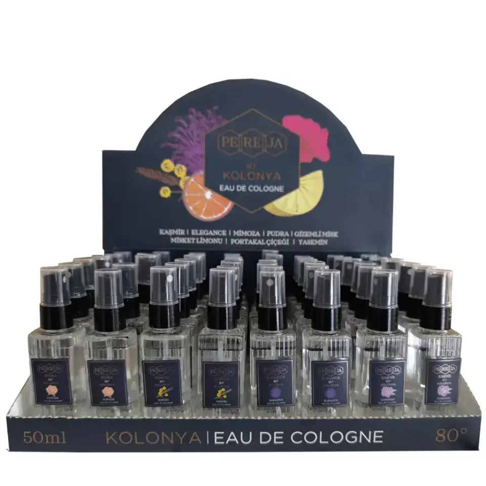 Pereja 50 ml 48 adet standlı Kaşmir Pudra Elegans Mimoza kolonya çeşitleri toplu satış standı