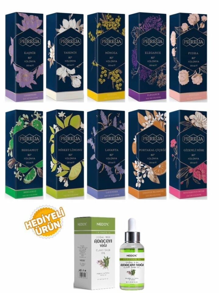 Pereja Kolonya 250 ml Cam Şişe 10'lu Karma Set + Nedox Adaçayı Yağı Hediyeli