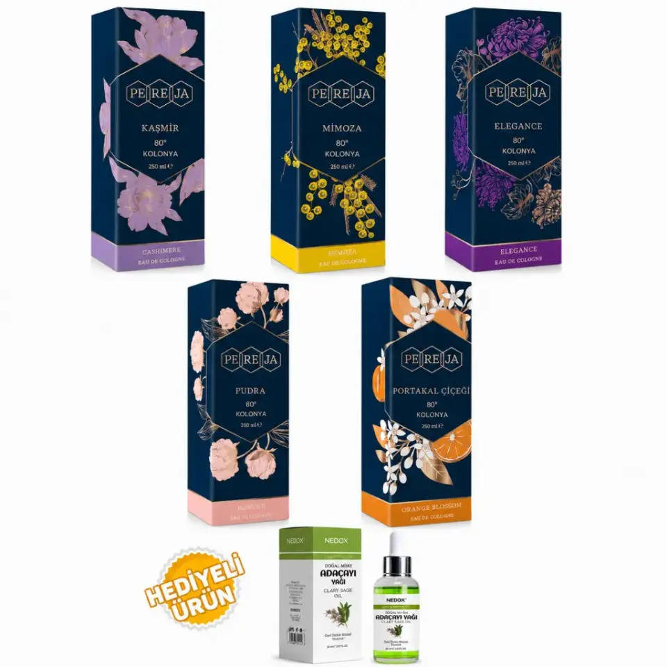 Pereja 250 ml cam şişe 5'li karma kolonya seti Kaşmir Mimoza Elegans Portakal Çiçeği Pudra ve Nedox Adaçayı Yağı hediyeli