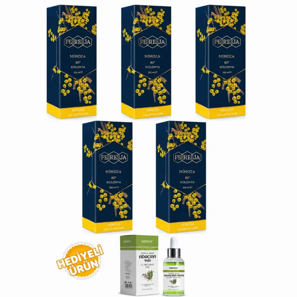 Pereja Mimoza Kolonyası 250 ml cam şişe 5'li set ve Nedox Doğal Adaçayı Yağı hediyeli kampanya paketi