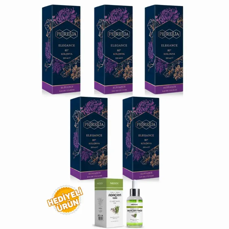 Pereja Elegans Kolonyası 250 ml cam şişe 5'li set ve Nedox Doğal Adaçayı Yağı hediyeli kampanya paketi