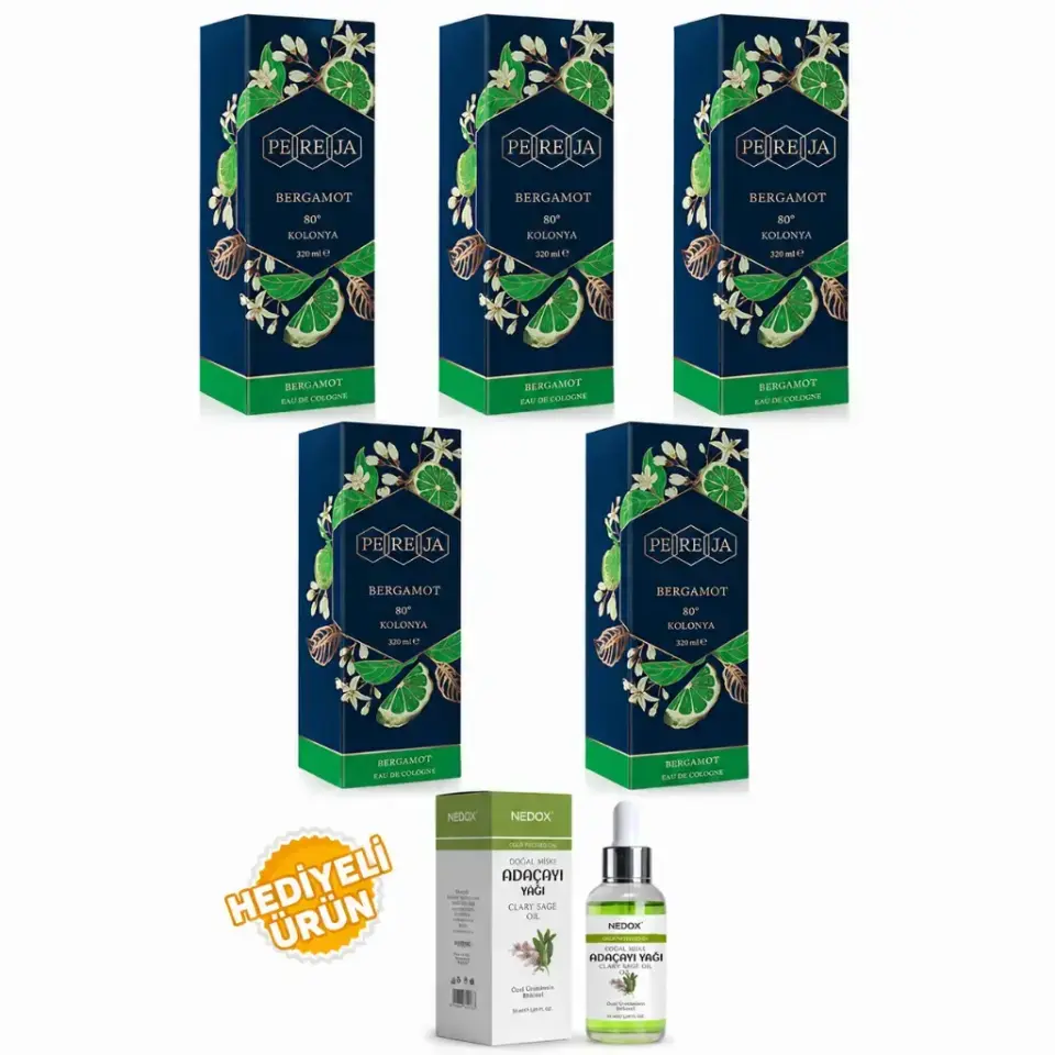 Pereja Bergamot Kolonyası 250 ml cam şişe 5'li set ve Nedox Doğal Adaçayı Yağı hediyeli kampanya paketi