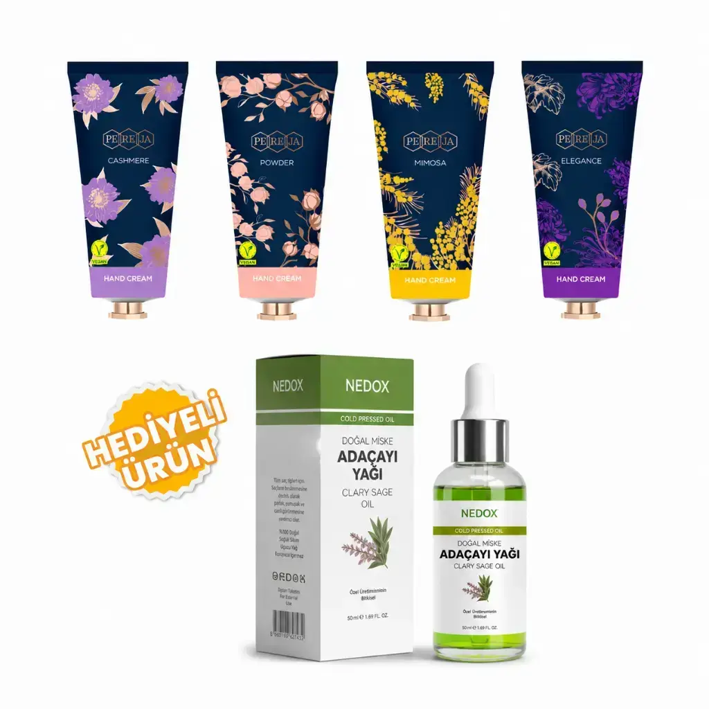Pereja 4'lü El Kremi Seti 60 ml Elegans Mimoza Kaşmir Pudra ve Nedox Adaçayı Yağı hediyeli bakım paketi