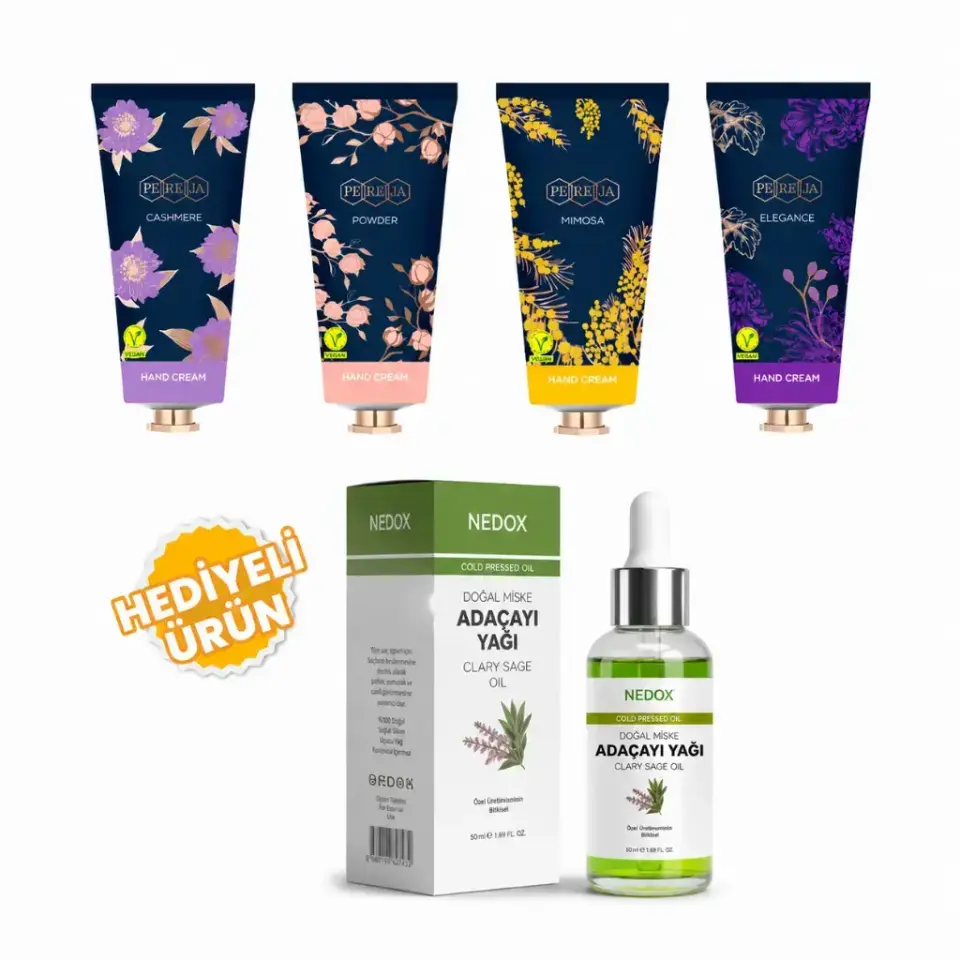 Pereja 4'lü El Kremi Seti 60 ml Elegans Mimoza Kaşmir Pudra ve Nedox Adaçayı Yağı hediyeli bakım paketi