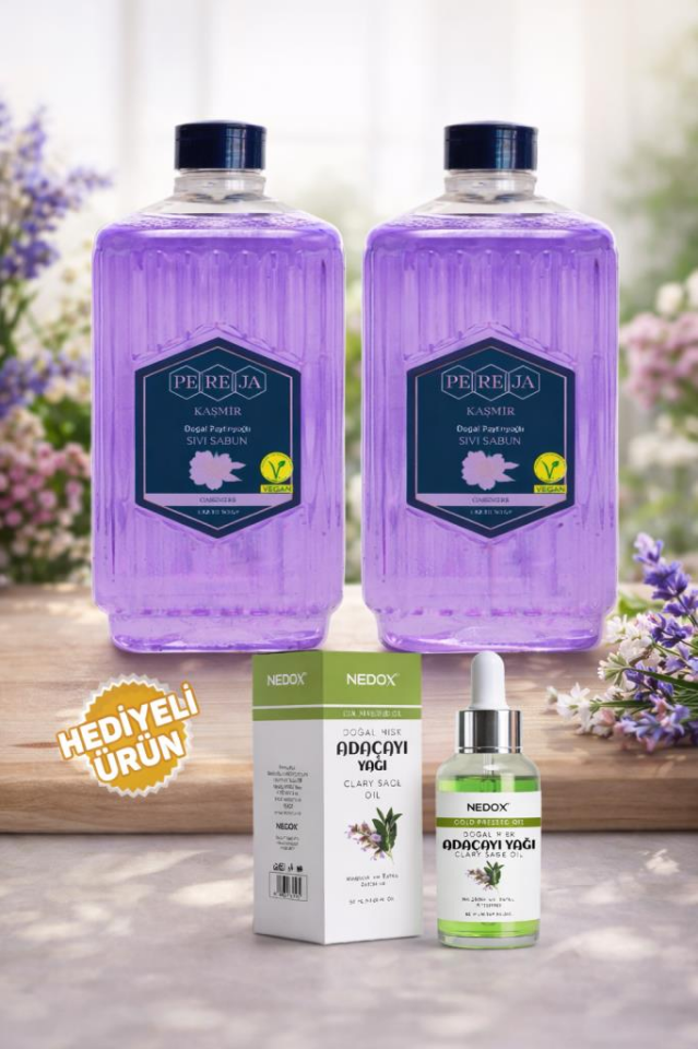 Pereja 2 Adet Kaşmir Doğal Zeytinyağlı Sıvı Sabun 1500 ml ve Nedox Adaçayı Yağı hediyeli kampanya paketi