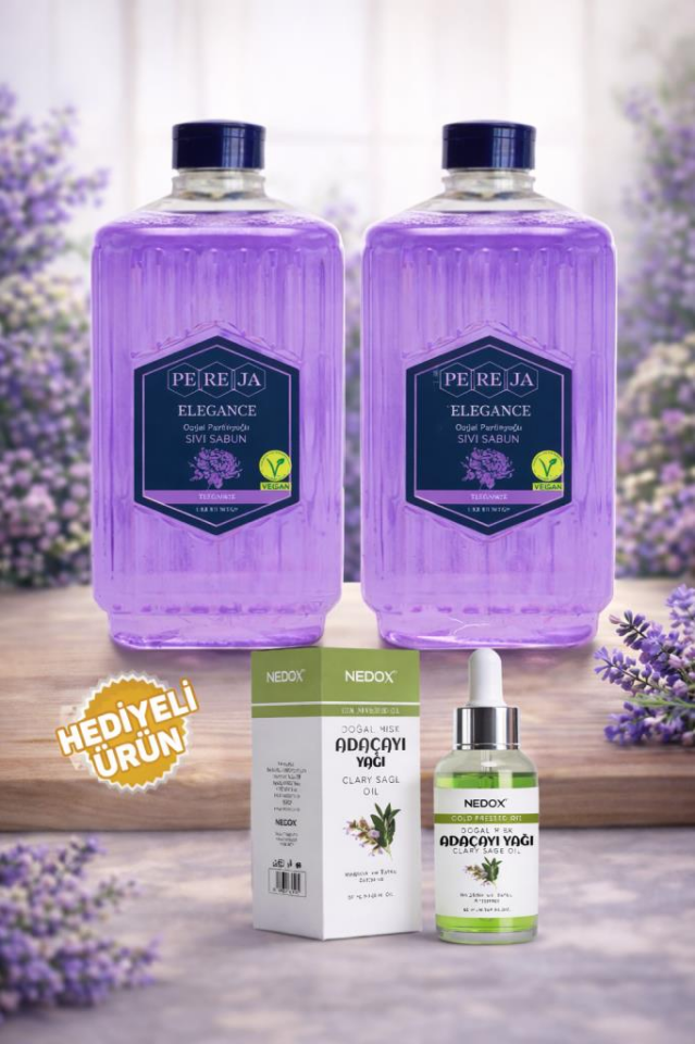 Pereja 2 Adet Elegans Doğal Zeytinyağlı Sıvı Sabun 1500 ml ve Nedox Adaçayı Yağı hediyeli kampanya paketi