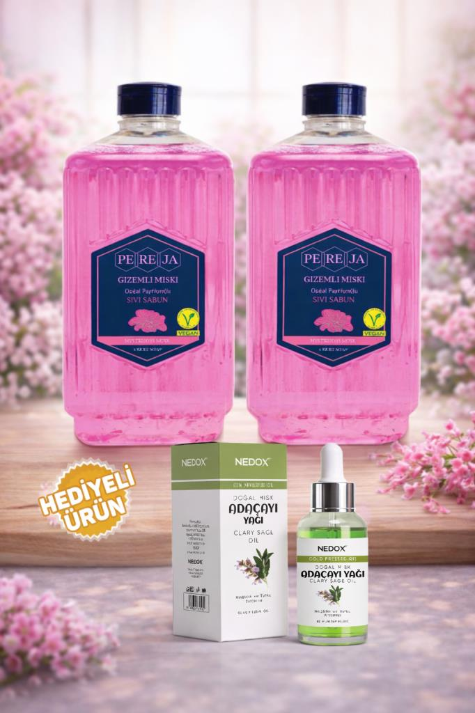 Pereja 2 Adet Gizemli Misk Doğal Zeytinyağlı Sıvı Sabun 1500 ml ve Nedox Adaçayı Yağı hediyeli kampanya paketi