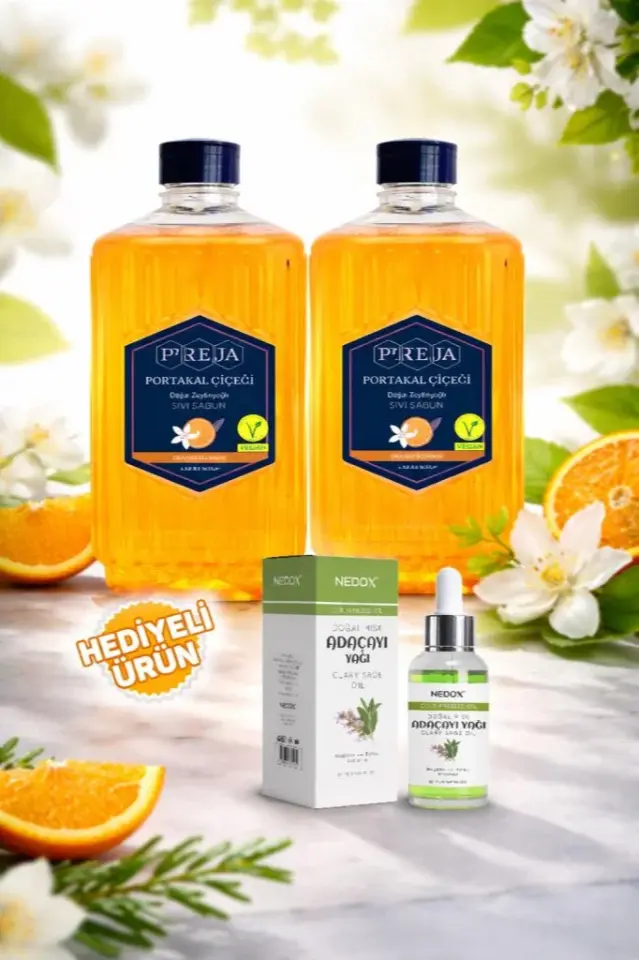 Pereja 2 Adet Portakal Çiçeği Doğal Zeytinyağlı Sıvı Sabun 1500 ml + Nedox Adaçayı Yağı Hediyeli