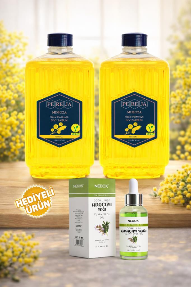 Pereja 2 Adet Mimoza Doğal Zeytinyağlı Sıvı Sabun 1500 ml + Nedox Adaçayı Yağı Hediyeli
