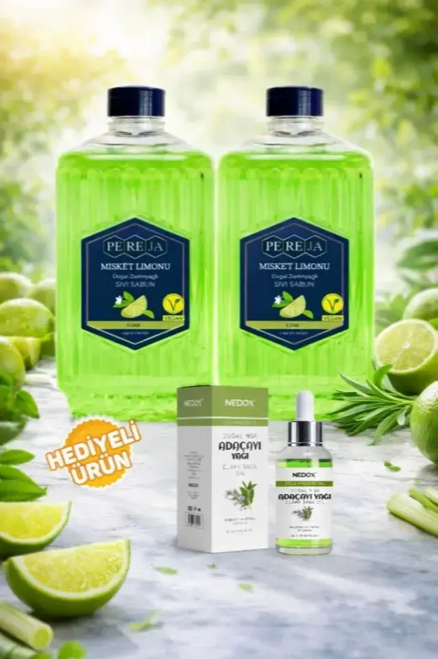 Pereja 2 Adet Misket Limonu Doğal Zeytinyağlı Sıvı Sabun 1500 ml + Nedox Adaçayı Yağı Hediyeli