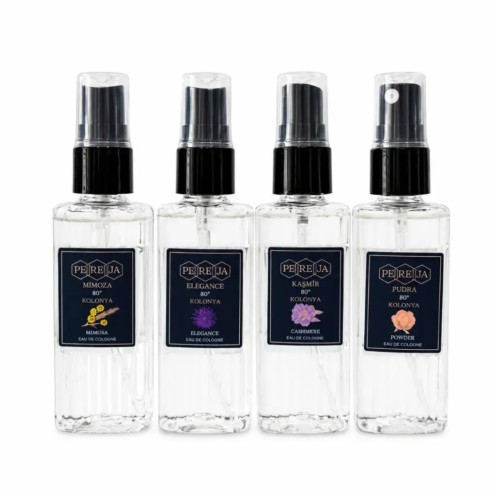 Pereja 4'lü Kolonya Seti 50 ml Elegans Mimoza Pudra Kaşmir mini cam şişe kolonya seti